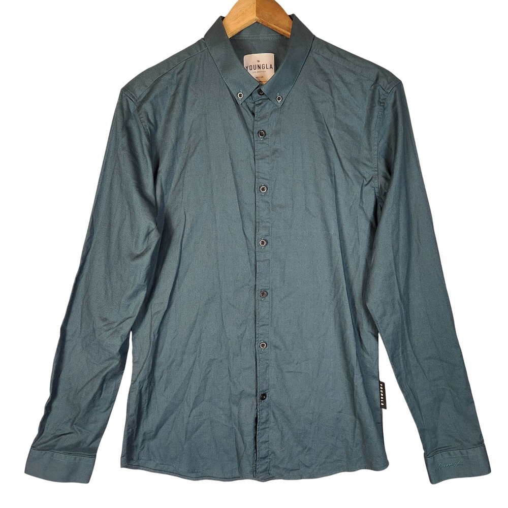 YoungLA Button Down Shirt Men's Medium Green Long Sleeve Cotton